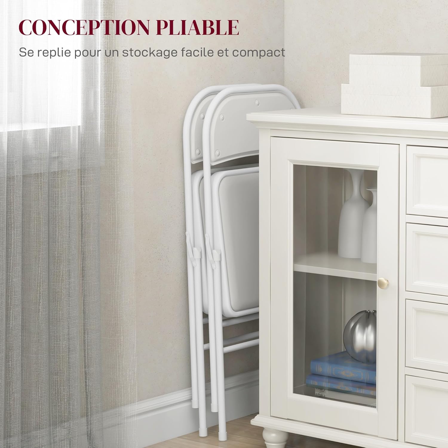 Detalle 2 de HOMCOM Lot de 4 chaises pliantes de salle à manger en acier, coussin synthétique – 45 x 46 x 78 cm, blanc