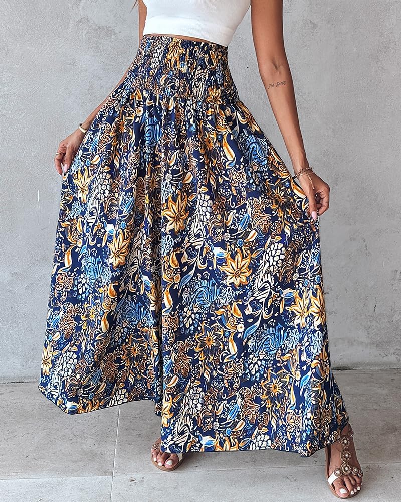Detalle 2 de CHICME Boho Floral Shirred High-Waisted Wide Leg Palazzo Pants