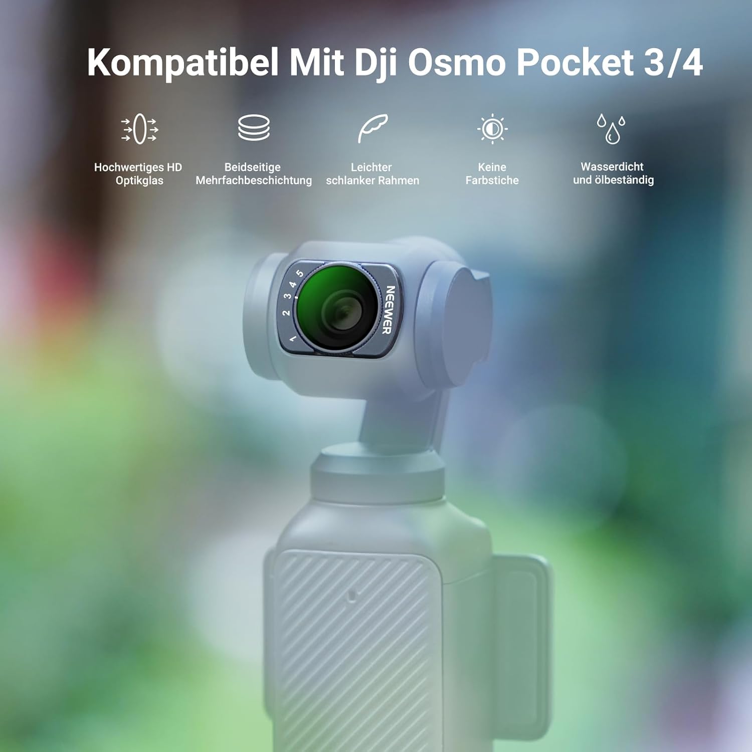 Detalle de NEEWER Variabler ND Filter für DJI Osmo Pocket 4 & 3 – magnetisch, multischicht, inkl. Displayschutz und Etui