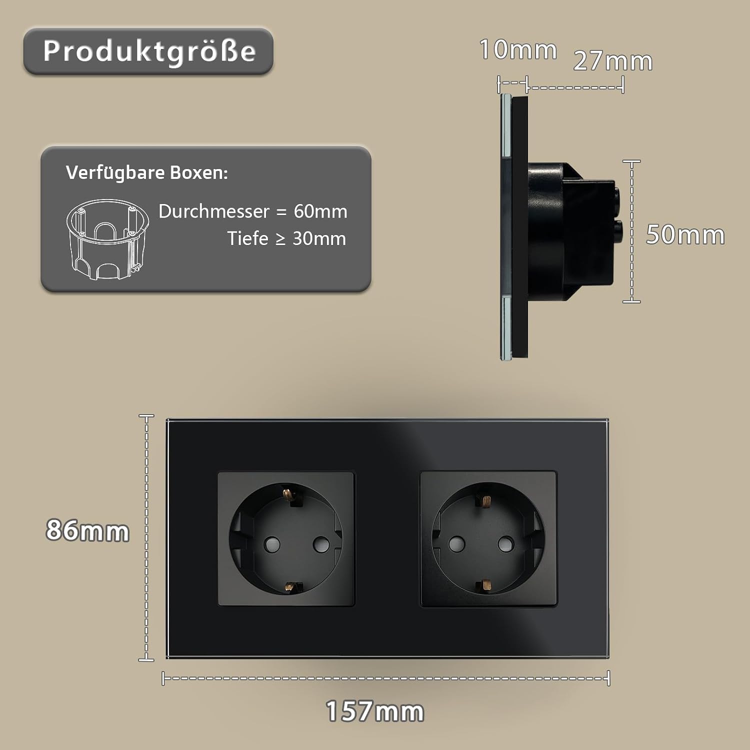 Detalle de TAWOIA Schuko Unterputz-Steckdose 2-fach mit Glasblende (Schwarz) – EU-Standard, 86 × 157 mm