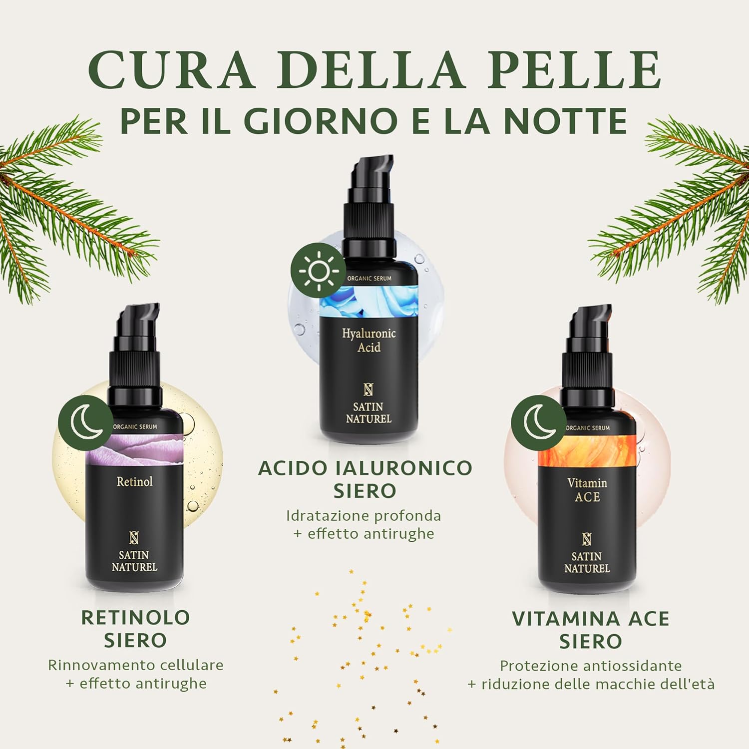 Detalle de Satin Naturel Cofanetto Regalo Donna Premium – Sieri Viso vegan 3x30ml (Acido Ialuronico, Vitamina C, Retinolo)