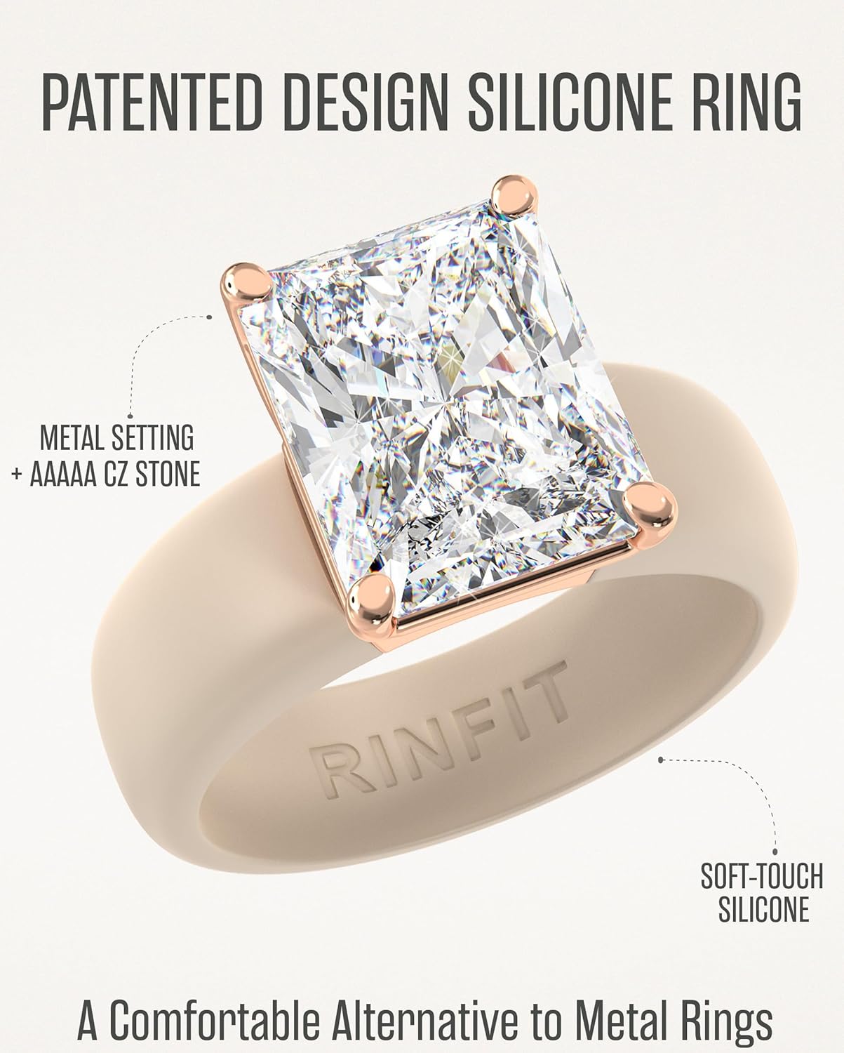 Detalle de Rinfit Silicone Ring with Stone – Emerald Cut CZ Solitaire Engagement Ring for Women