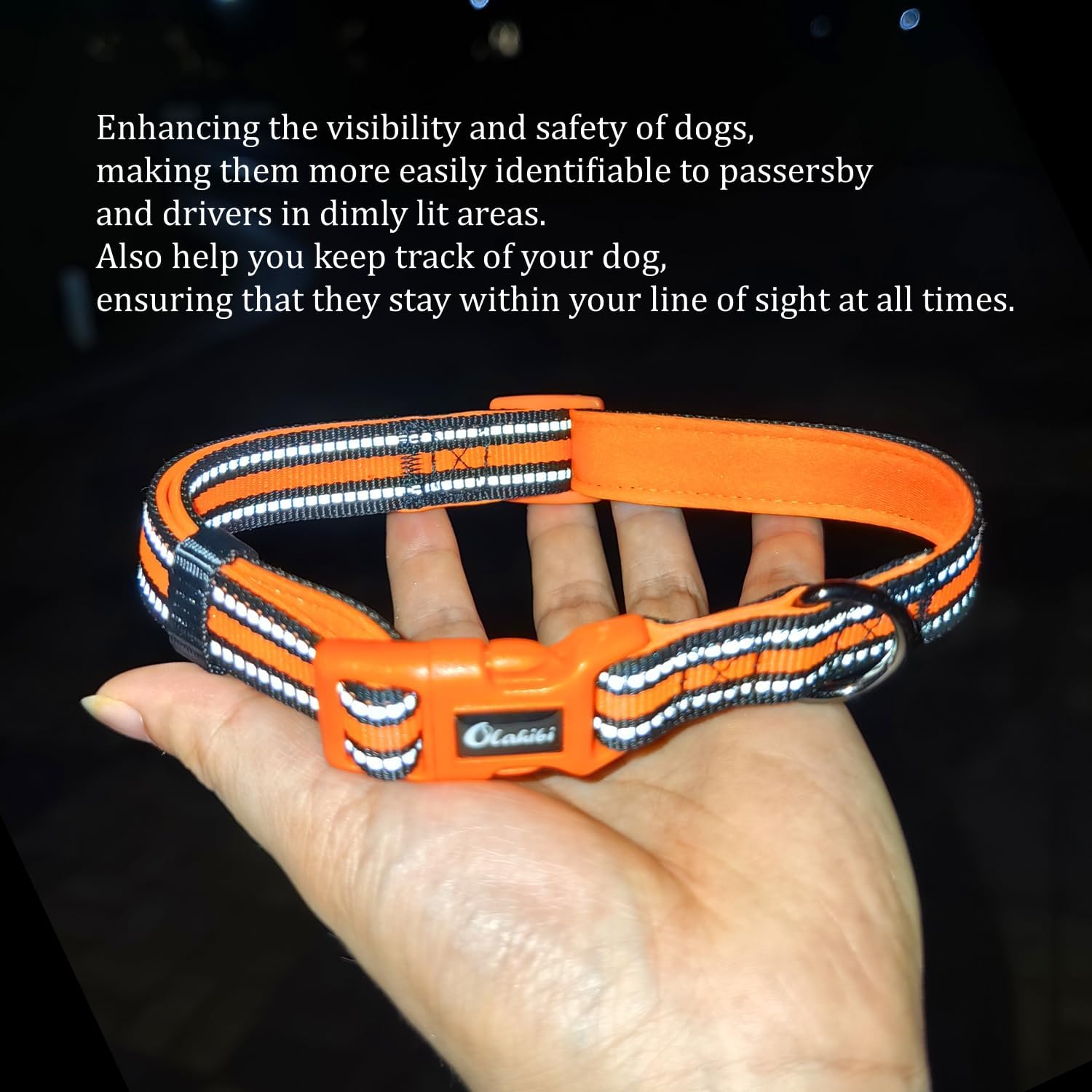 Thumbnail 4 de Olahibi Neoprene Padded Dog Collar – Large, Orange, Reflective Stripes
