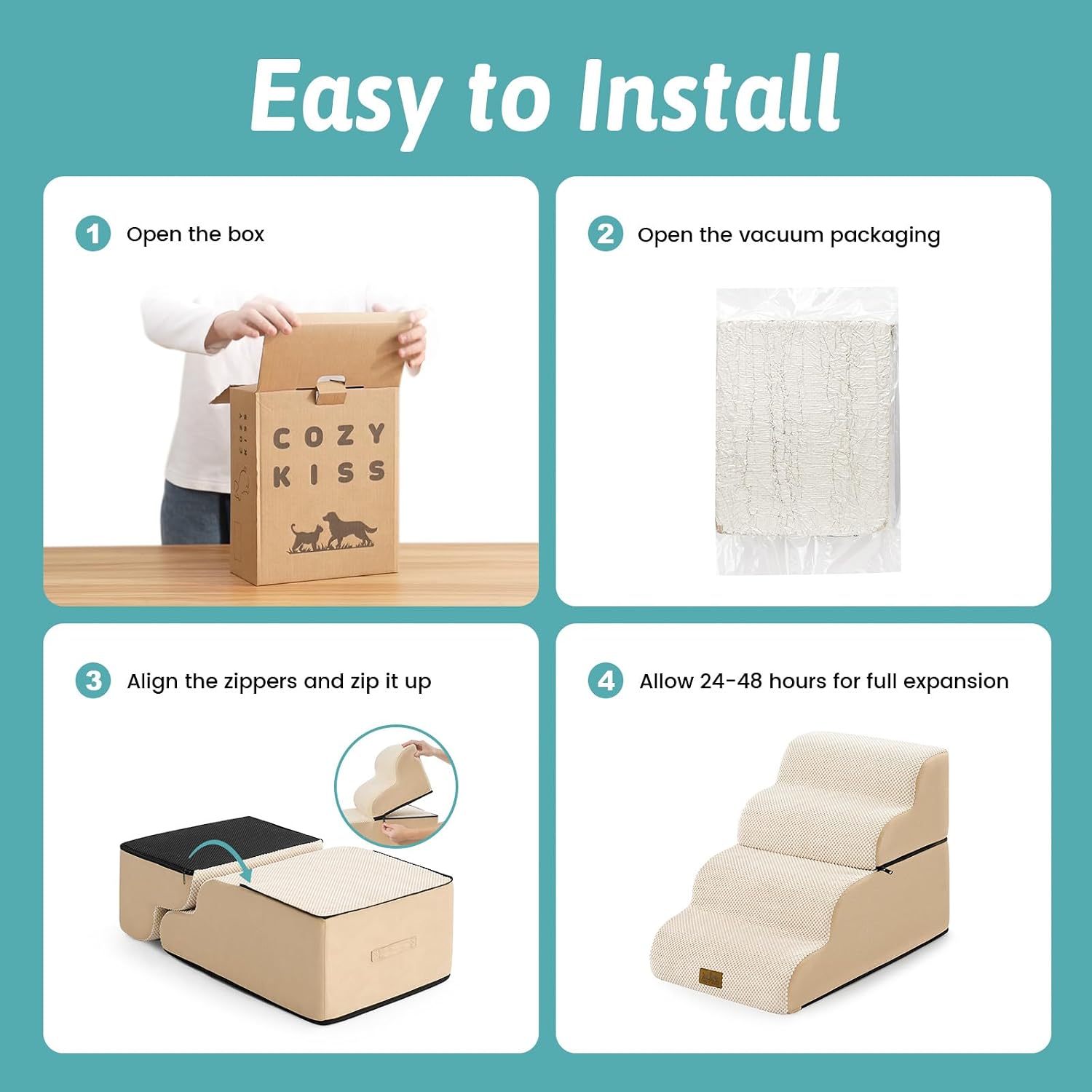 Detalle de COZY KISS Breiter Hundetreppe für Kleine Hunde – 4 Stufen, Beige, 40x72x50 cm