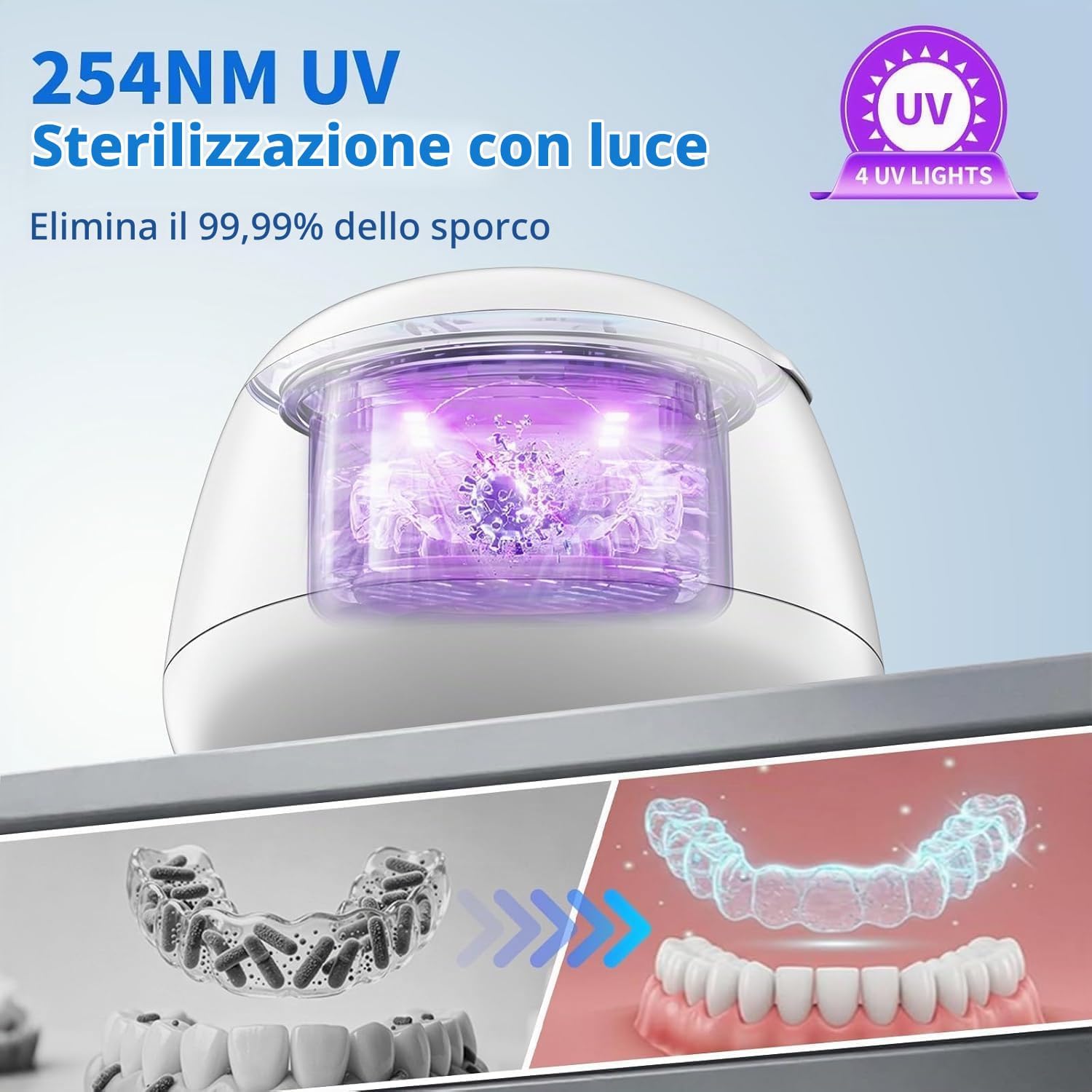 Detalle de TQQ Pulitore ultrasuoni 48000 Hz per protesi dentali e accessori: pulizia profonda e igiene UV