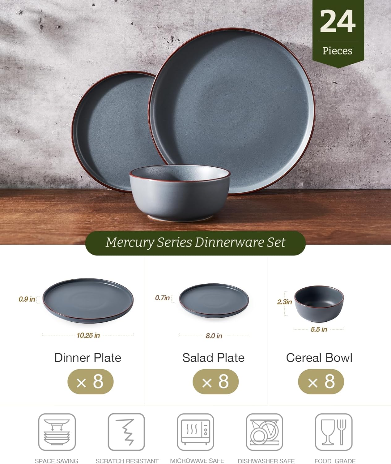 Thumbnail 1 de Famiware Mercury 24-Piece Dinnerware Set for 8 (Charcoal) — Plates and Bowls, Microwave & Dishwasher Safe