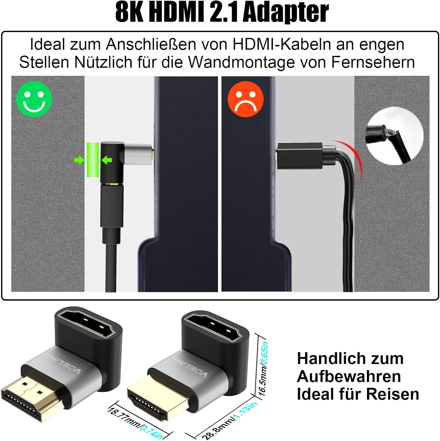 Thumbnail 1 de VCELINK 8K HDMI-Winkelstecker-Adapter (HDMI 2.1) mit 90°/270°, 8K@60Hz & 4K@120Hz, HDR/VRR/eARC – 2 Stück