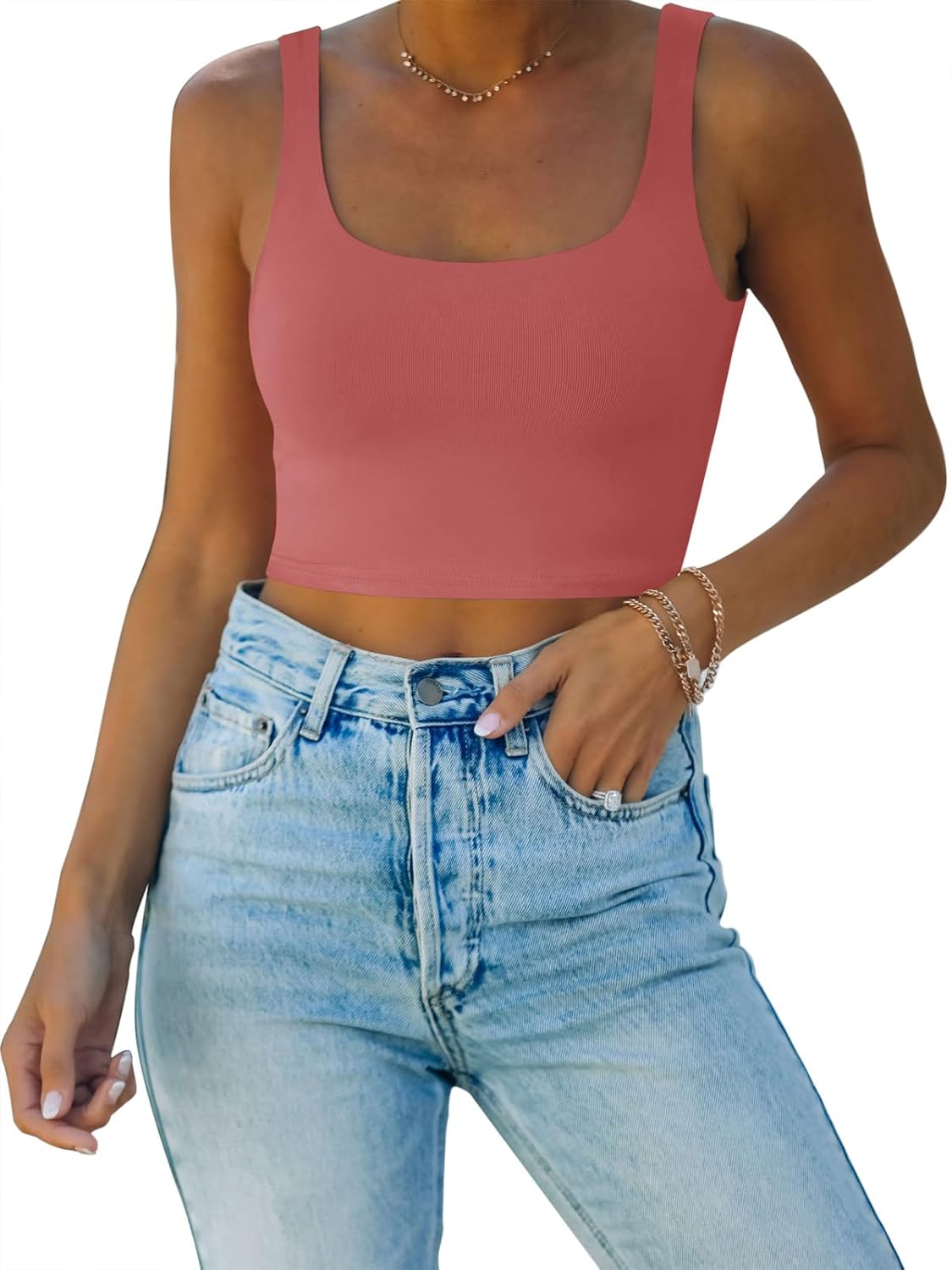 Thumbnail 6 de REORIA Women’s Sexy Square Neck Double Lined Seamless Sleeveless Cropped Tank Top