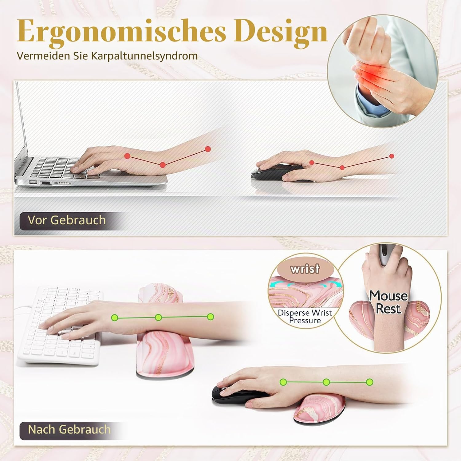 Detalle de Gimars Handballenauflage Tastatur – Ergonomische Tastatur- und Mausauflage mit Memory-Foam, 3 cm Dicke, rosa/gold
