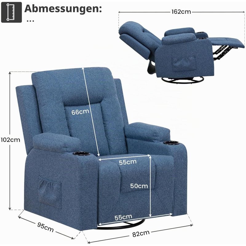 Detalle 2 de Sillón Relax de Tela para Salón con Respaldo Ajustable Manual y Reposapiés Extraíble – gtplayer, Azul