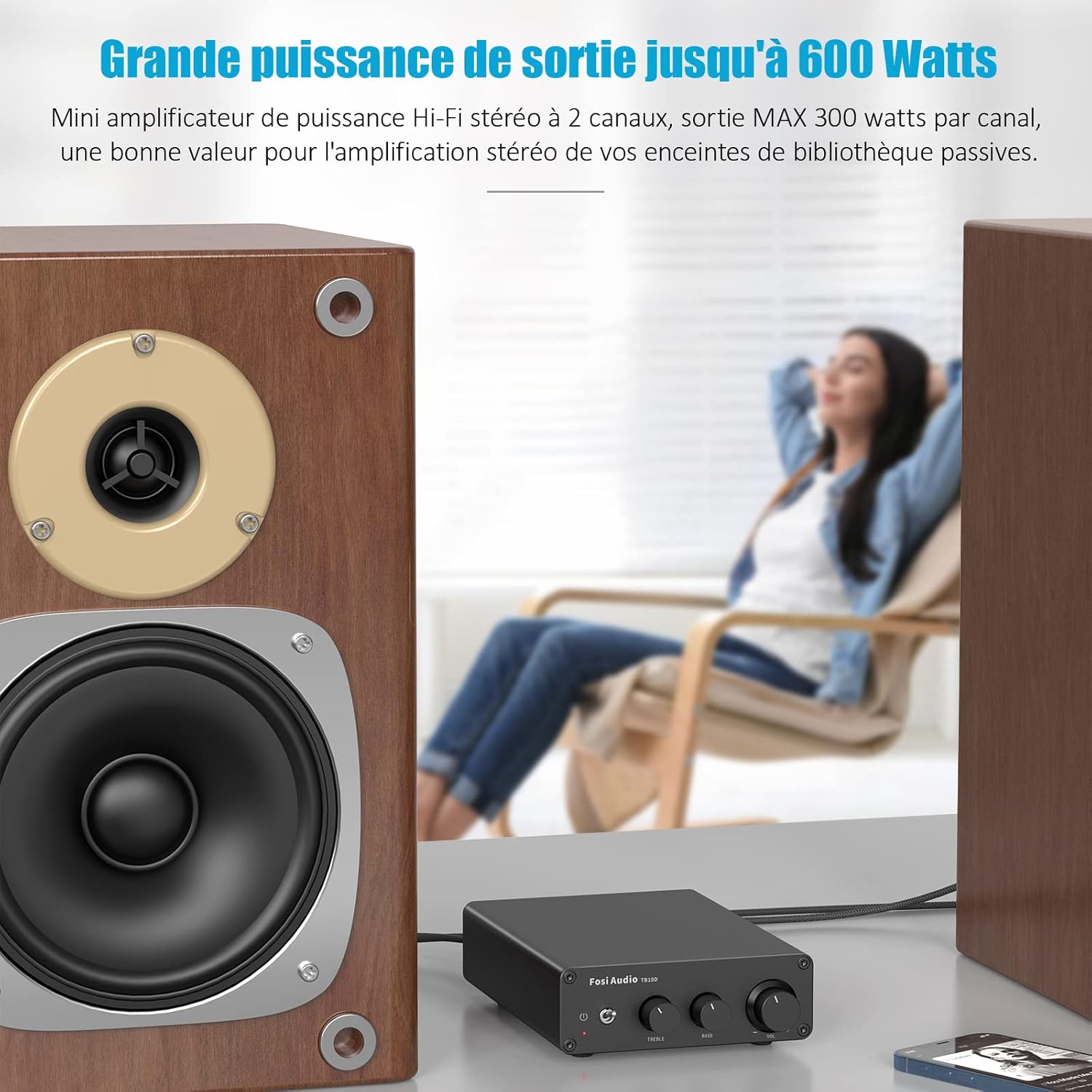 Detalle de Fosi Audio TB10D (TPA3255) mini amplificateur HiFi stéréo 2 canaux, entrée RCA, contrôle basses/aigus