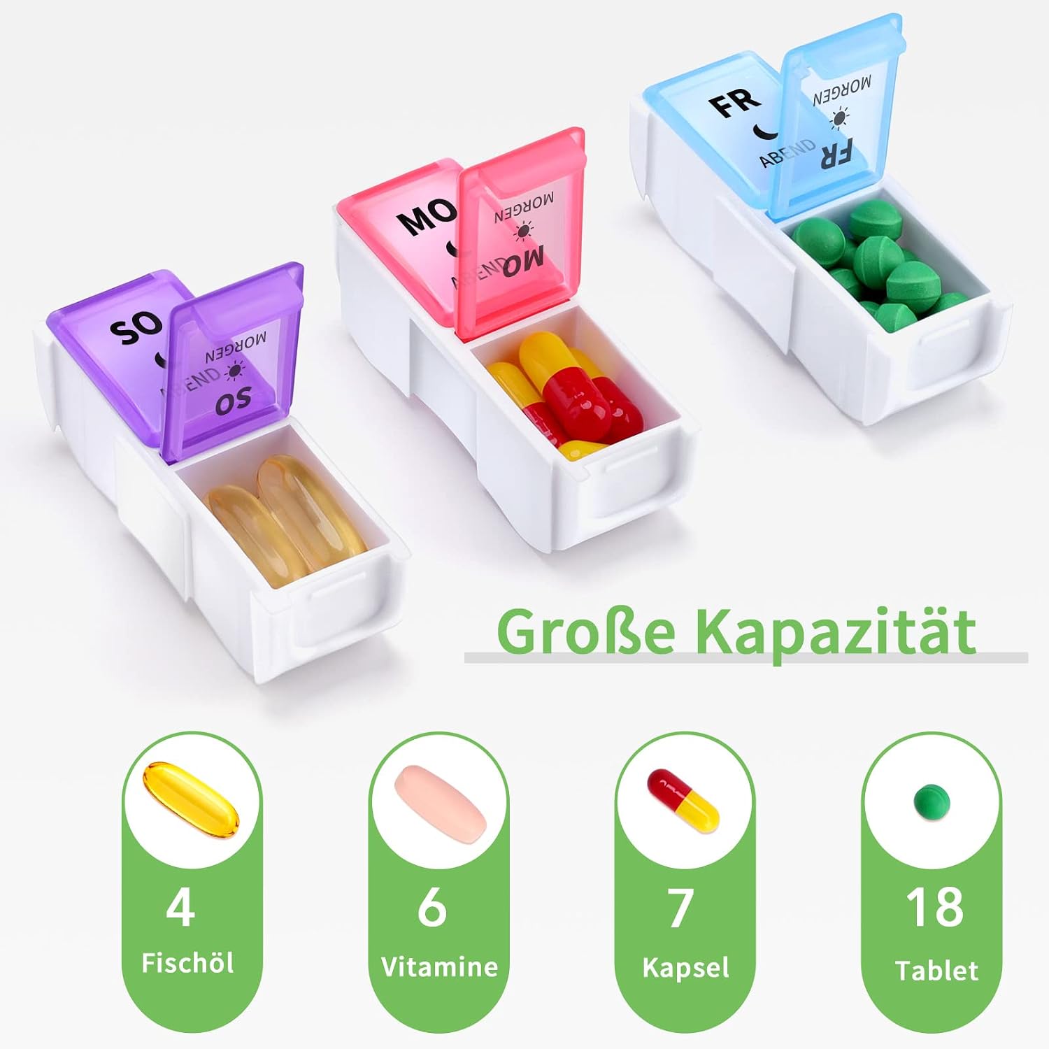 Detalle de Opret Deutsche Tablettenbox für 7 Tage (2 Fächer: morgens/abends), abnehmbar mit deutschem Aufdruck
