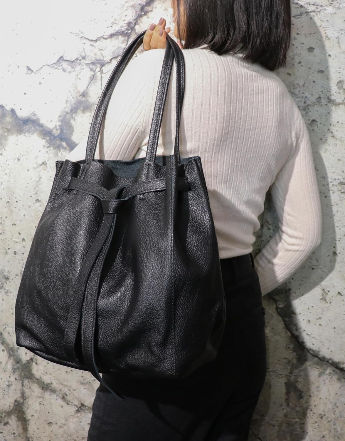 Detalle de SH Leder Sandra G535 – Borsa shopper da donna in vera pelle bovina con fiocco, 29 x 33 cm