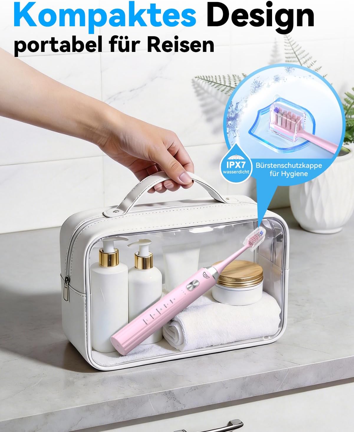 Detalle de JTF Brosse à dents électrique sonique avec station UV, 5 modes et 6 têtes de rechange (rose)