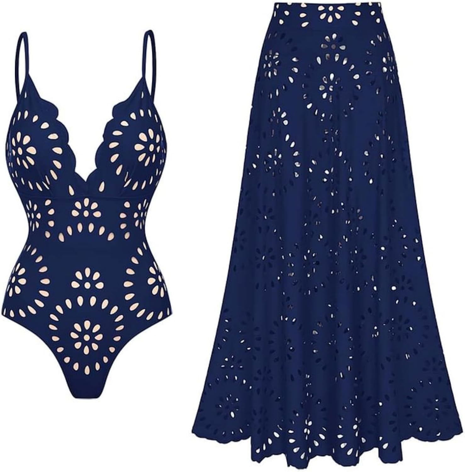 Thumbnail 6 de FLAXMAKER One-Piece Swimsuit for Women with Floral Petal Design, Deep V-Neck and Skirt