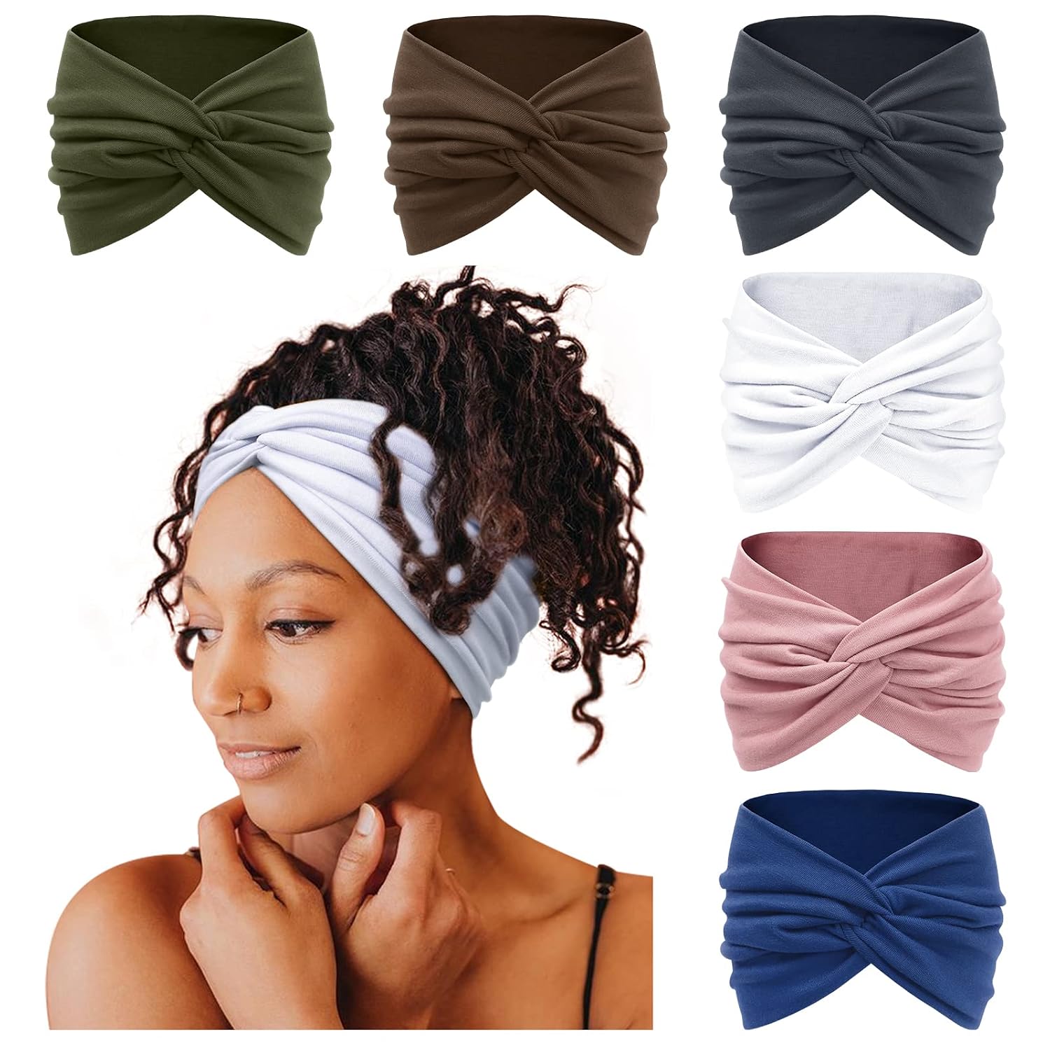 Detalle de Tobeffect Elegant Turban Headbands, 7-Inch Wide Stretchy Headbands, 6-Pack