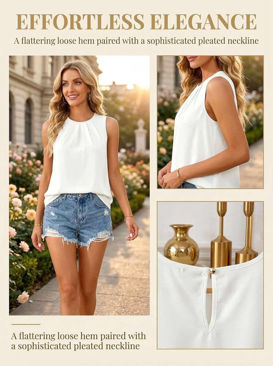 Detalle 2 de NAIOSS Damen Chiffon Top - Sommertaugliche Hemdbluse, Ärmellos, plissiert
