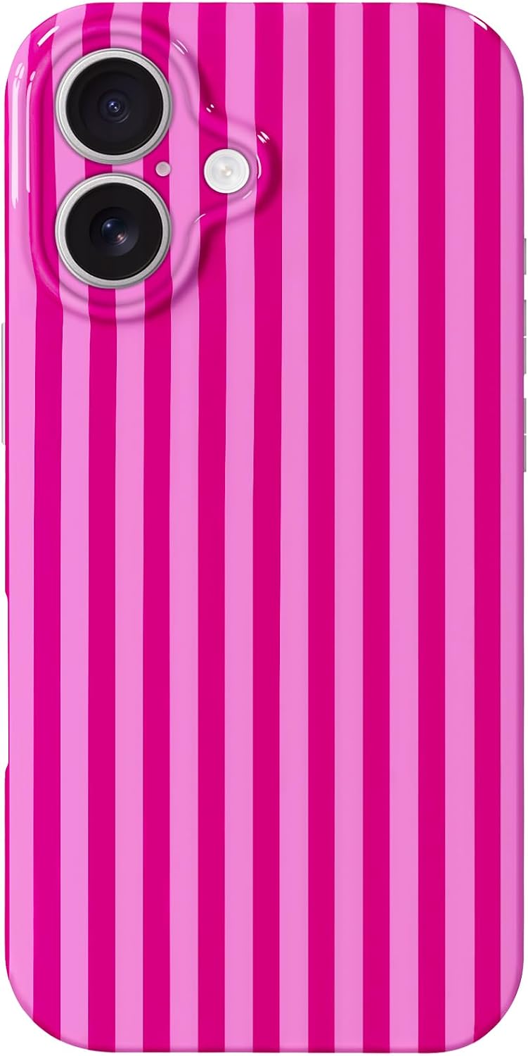 Detalle de Hython iPhone 16 Plus Case, Hot Pink Striped Slim Soft TPU Cover