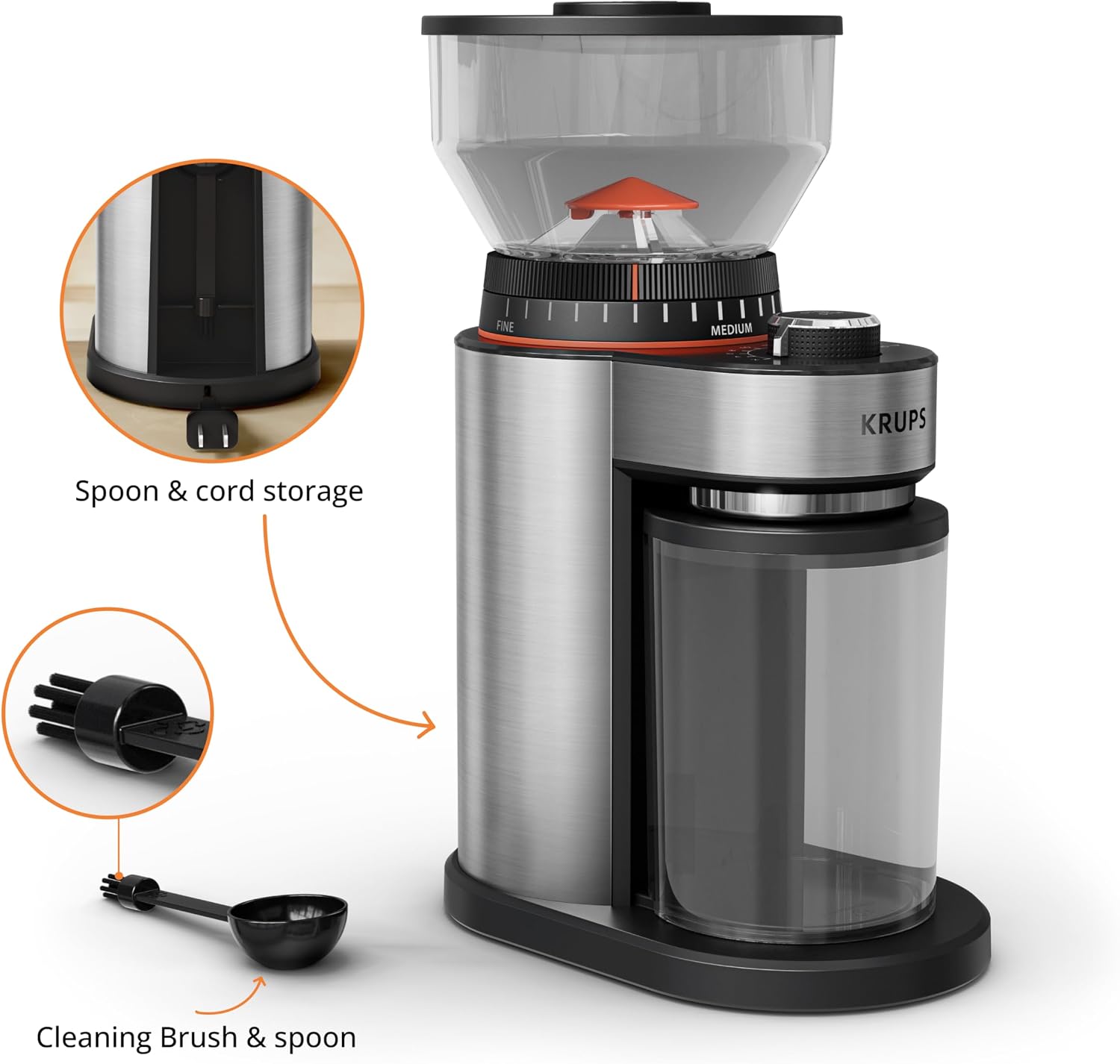 Detalle de KRUPS Flat Burr Coffee Grinder Electric, 18 Adjustable Settings, 2-20 Cups, Stainless Steel, Black