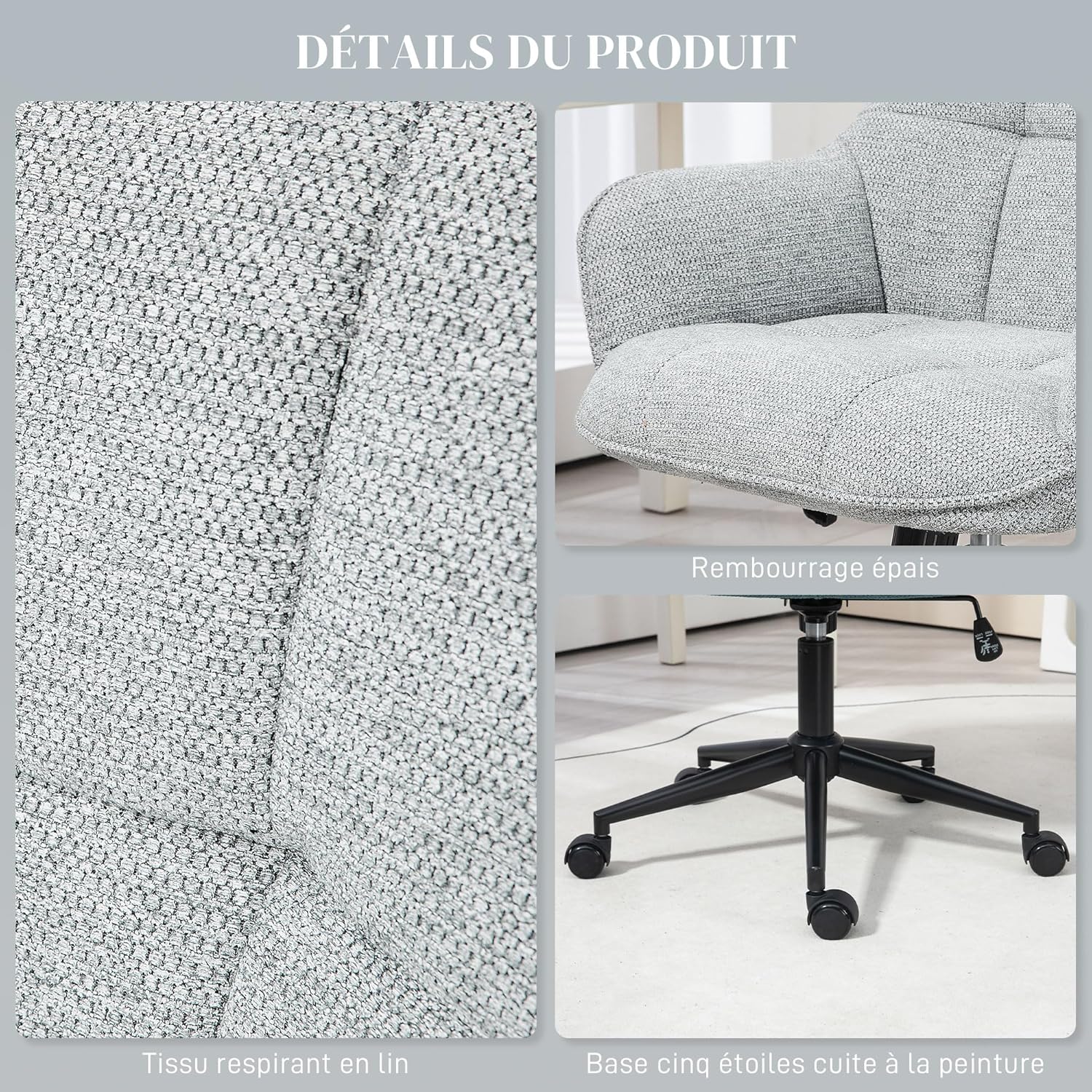 Thumbnail 4 de HOMCOM Fauteuil de bureau gris pivotant 360° à dossier et assise capitonnés, hauteur réglable