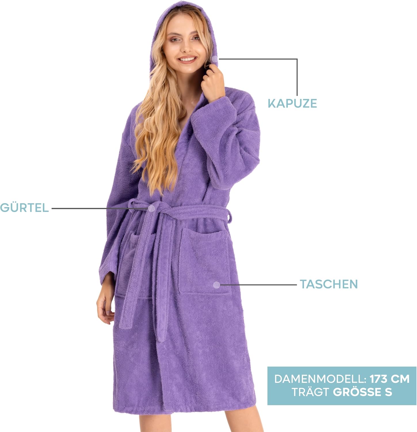 Detalle de Twinzen Bademantel Damen mit Kapuze aus 100% Baumwolle (OEKO-TEX®), XS–XL