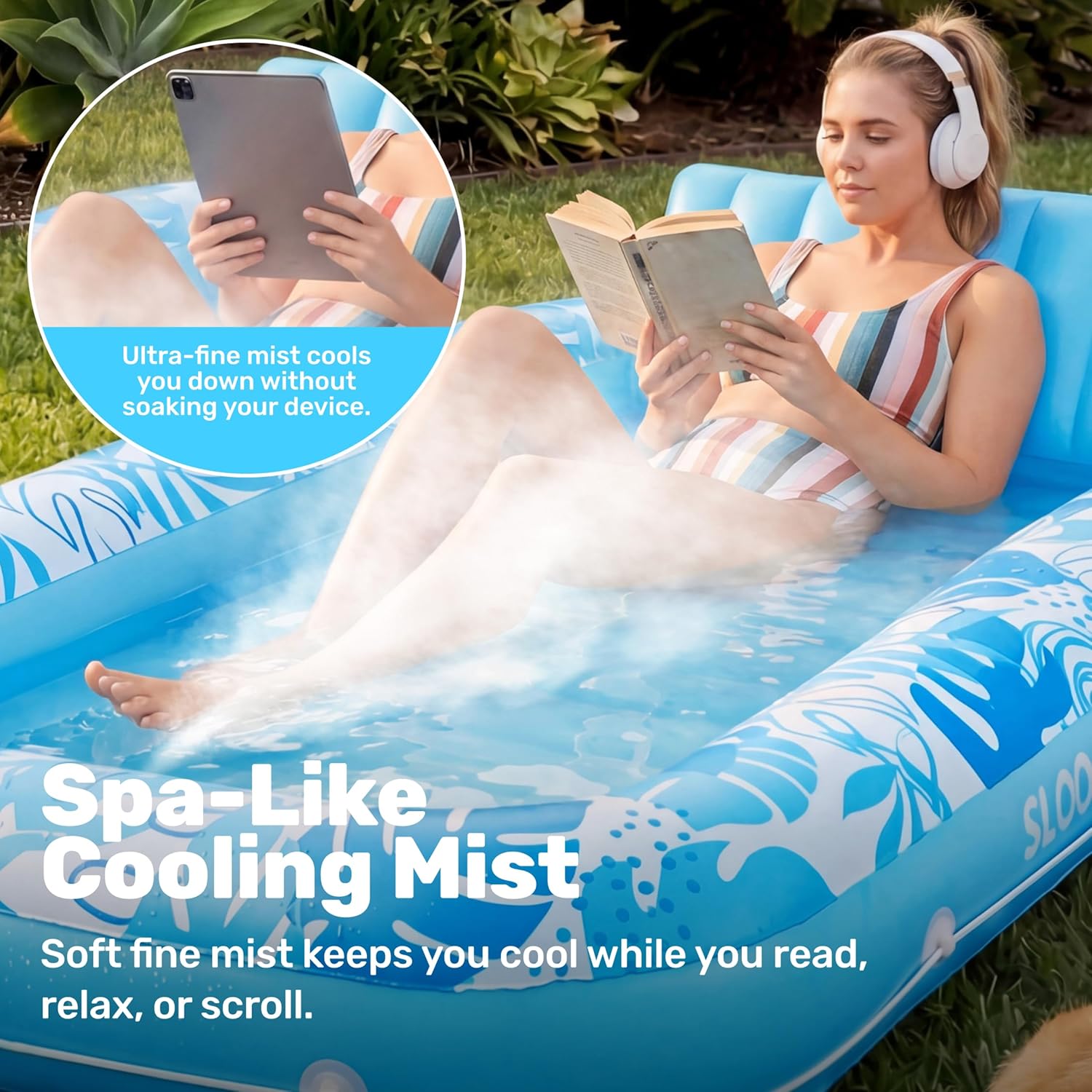 Thumbnail 1 de SLOOSH Misting System Inflatable Tanning Pool Lounger Float — 70" x 46", 6-in-1 Cooling & Lounge with Pillow & Cup Holders