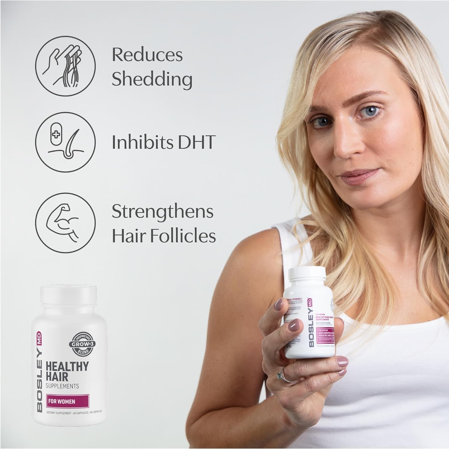 Detalle 2 de BosleyMD BP-SGF0006 Women’s Hair Growth Supplement, 60 Capsules with Biotin