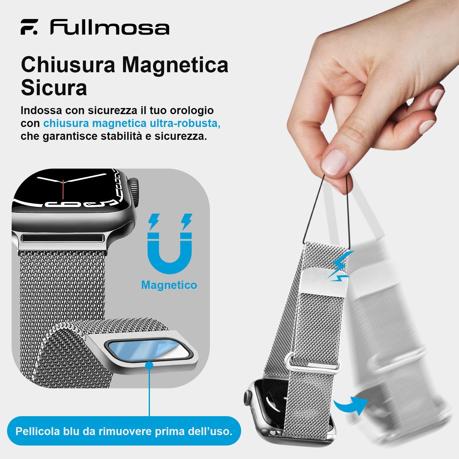 Detalle de Fullmosa Cinturino Metallo Compatibile Apple Watch – 44/46/45/42/49 mm, Acciaio Inossidabile, Argento
