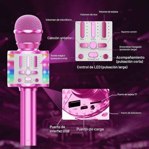 Detalle de Micrófono inalámbrico Bluetooth Karaoke MicQutr: portátil, con luz y altavoz de 6 W para todas las edades