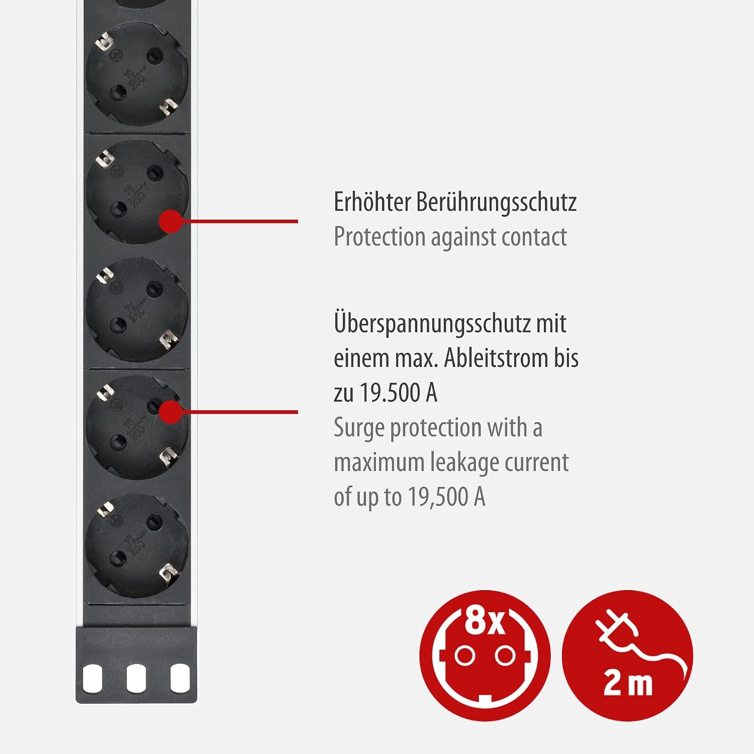 Detalle de Brennenstuhl Alu-Line 8‑fach Steckdosenleiste im 19 Zoll Format mit Überspannungsschutz