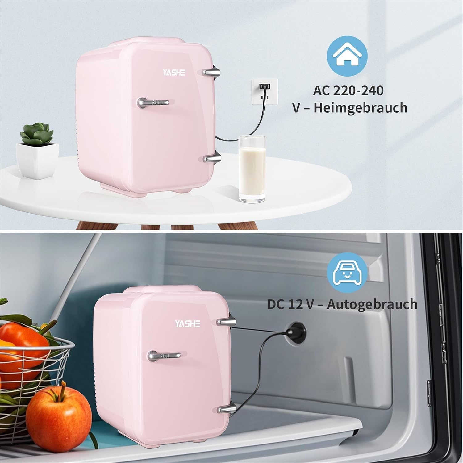 Detalle 2 de YASHE 4L Mini-Kühlschrank: Thermoelektrisch kühlen und wärmen, 220V/12V, rosa