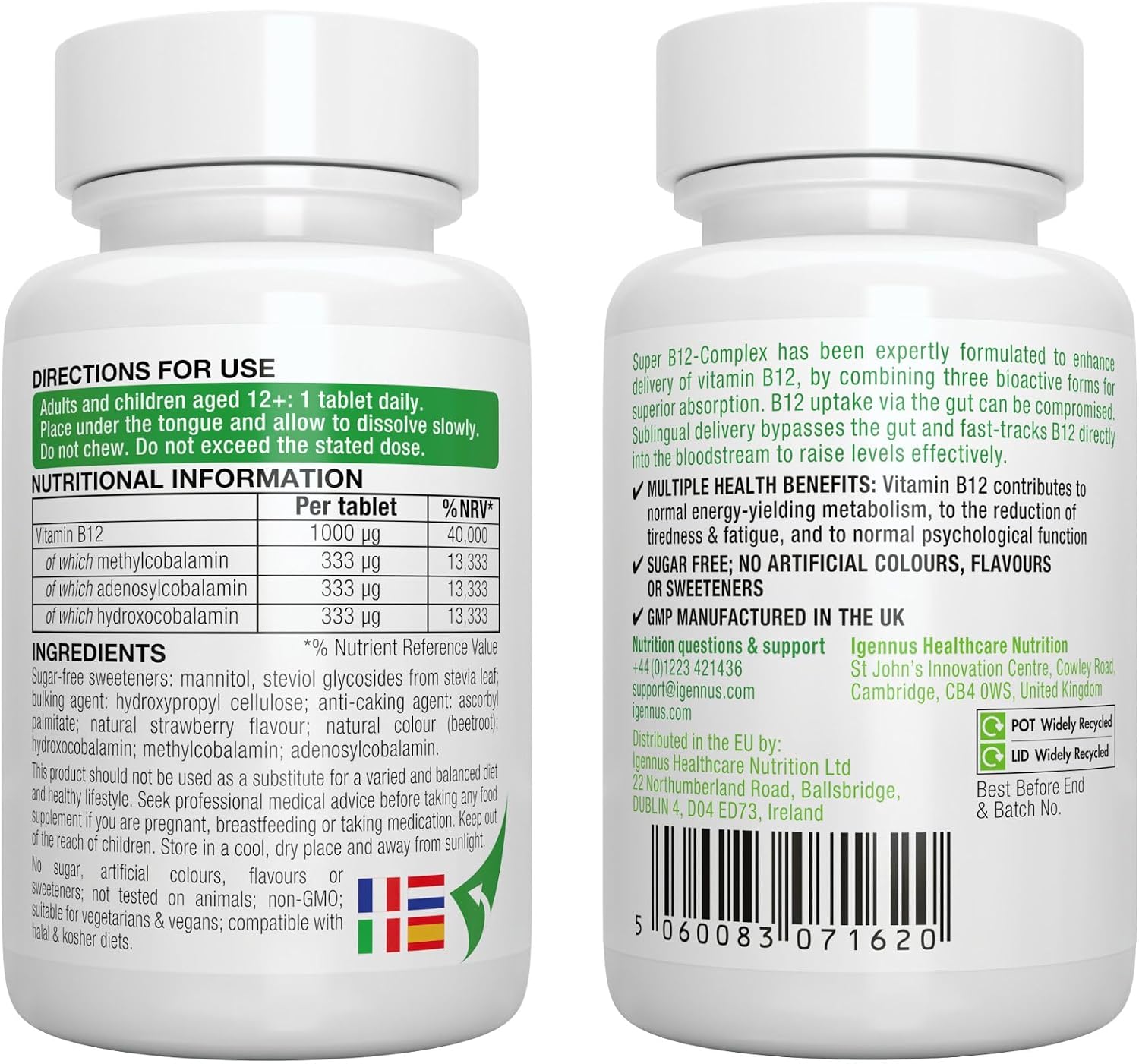 Thumbnail 6 de Igennus Complexe de vitamine B12 sublinguale (méthylcobalamine, adénosylcobalamine, hydroxocobalamine) 1000 mcg – 180 doses