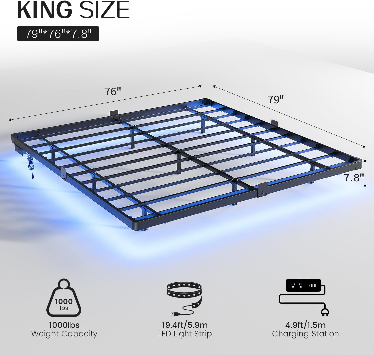 Detalle 2 de OLEVS King Size Floating Metal Bed Frame with LED Lighting and Charging Station