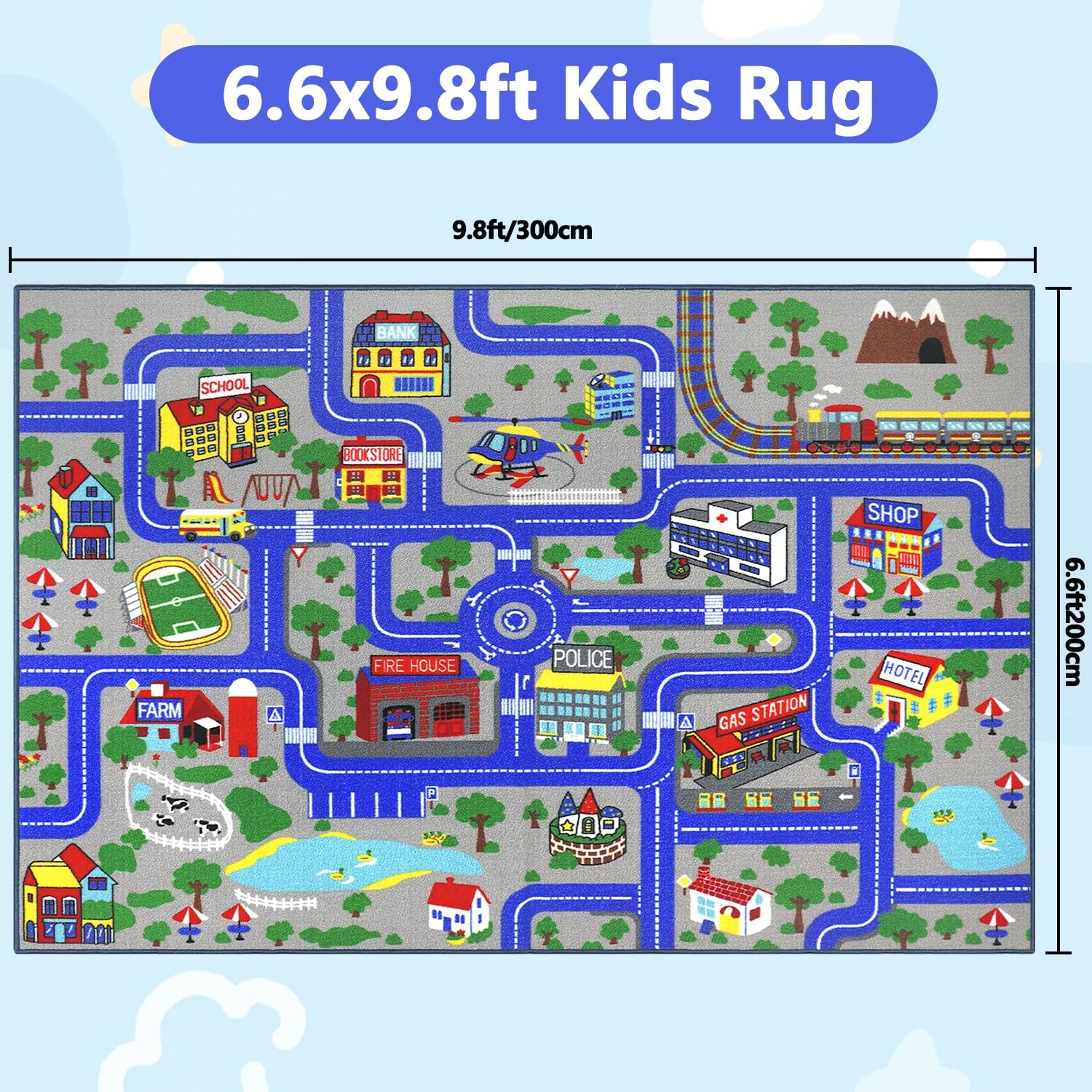 Detalle 2 de Capslpad Kinder-Teppich Spielteppich „Stadt“ 200x300 cm – rutschfest, kurzflorig, maschinenwaschbar