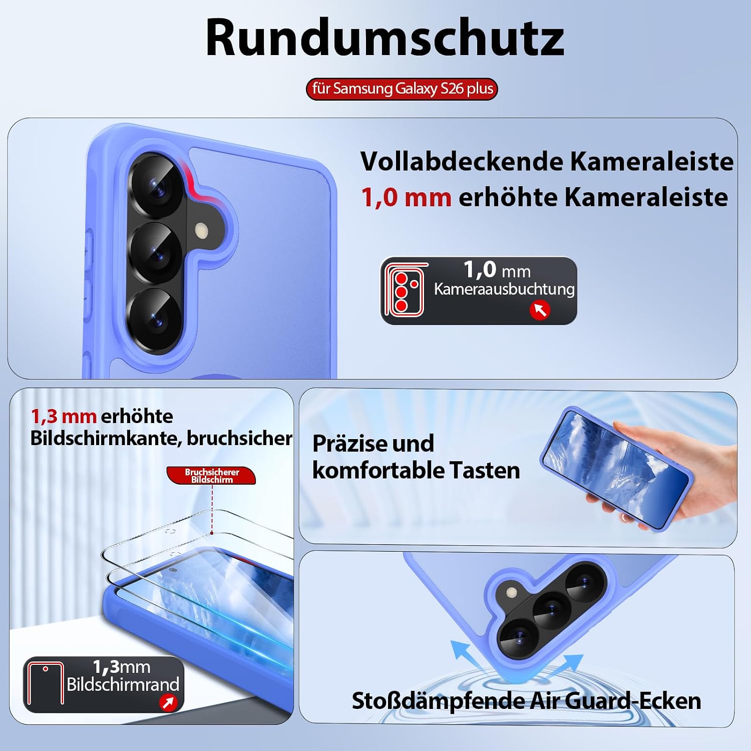 Detalle de Dizn Magnetisch Slim-Hülle für Samsung Galaxy S26+ mit MagSafe, 2 Panzerglas-Folien, Linsenschutz & Handschlaufe – Himmelblau