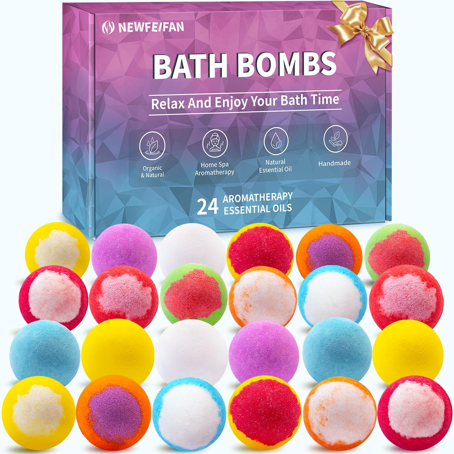 NEWFEIFAN 24‑Pack Bath Bombs Gift Set – Handmade Natural Oils, Shea & Cocoa Butter