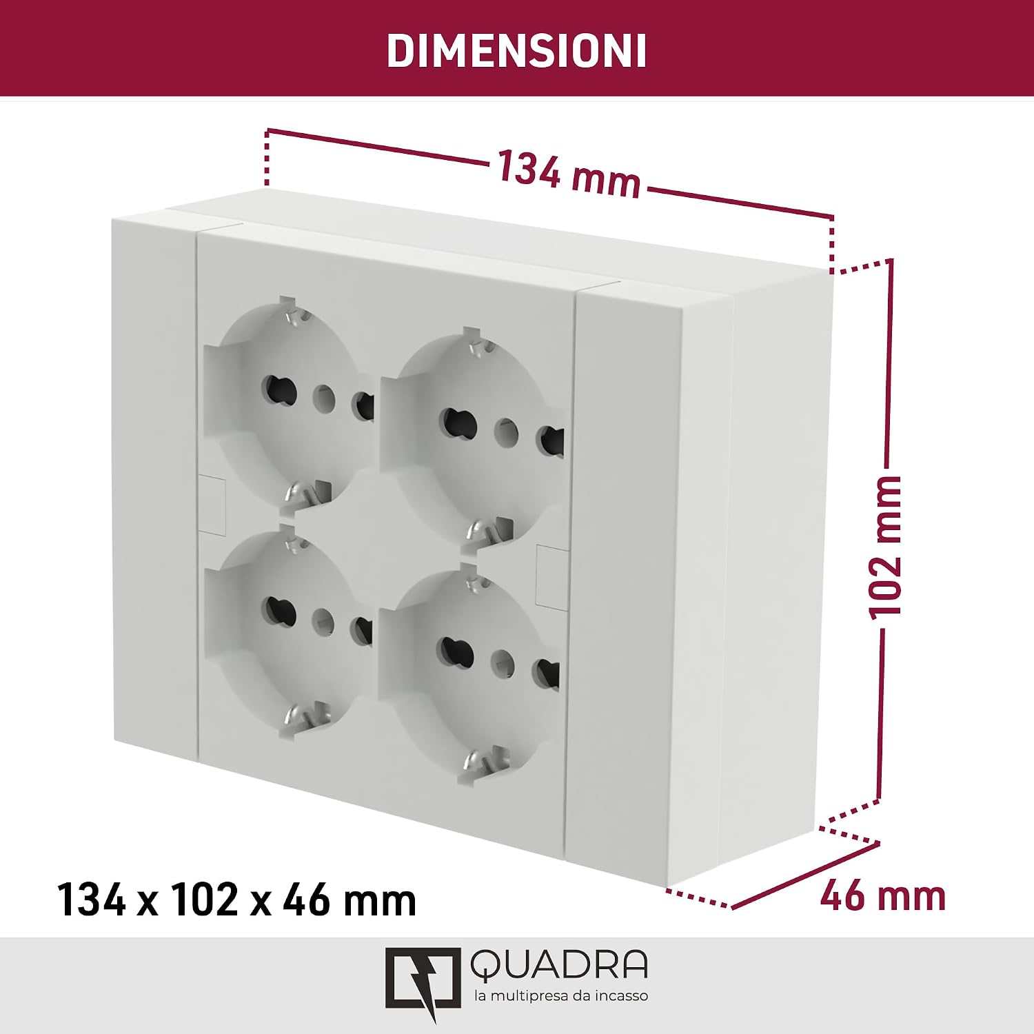 Detalle 2 de Electraline 22016 Multipresa da parete Quadra 4 Posti Universali con scatola di supporto