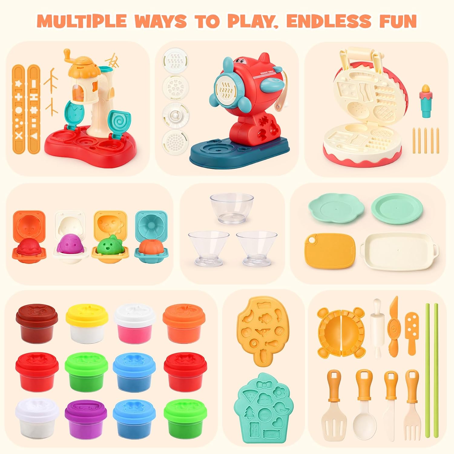 Detalle 2 de Dreamon 3 in 1 Knete Dough Set – Spielküche Zubehör für Kinder ab 3 Jahren (12 Farben, Eismaschine, Nudelmaschine, Kuchenform)