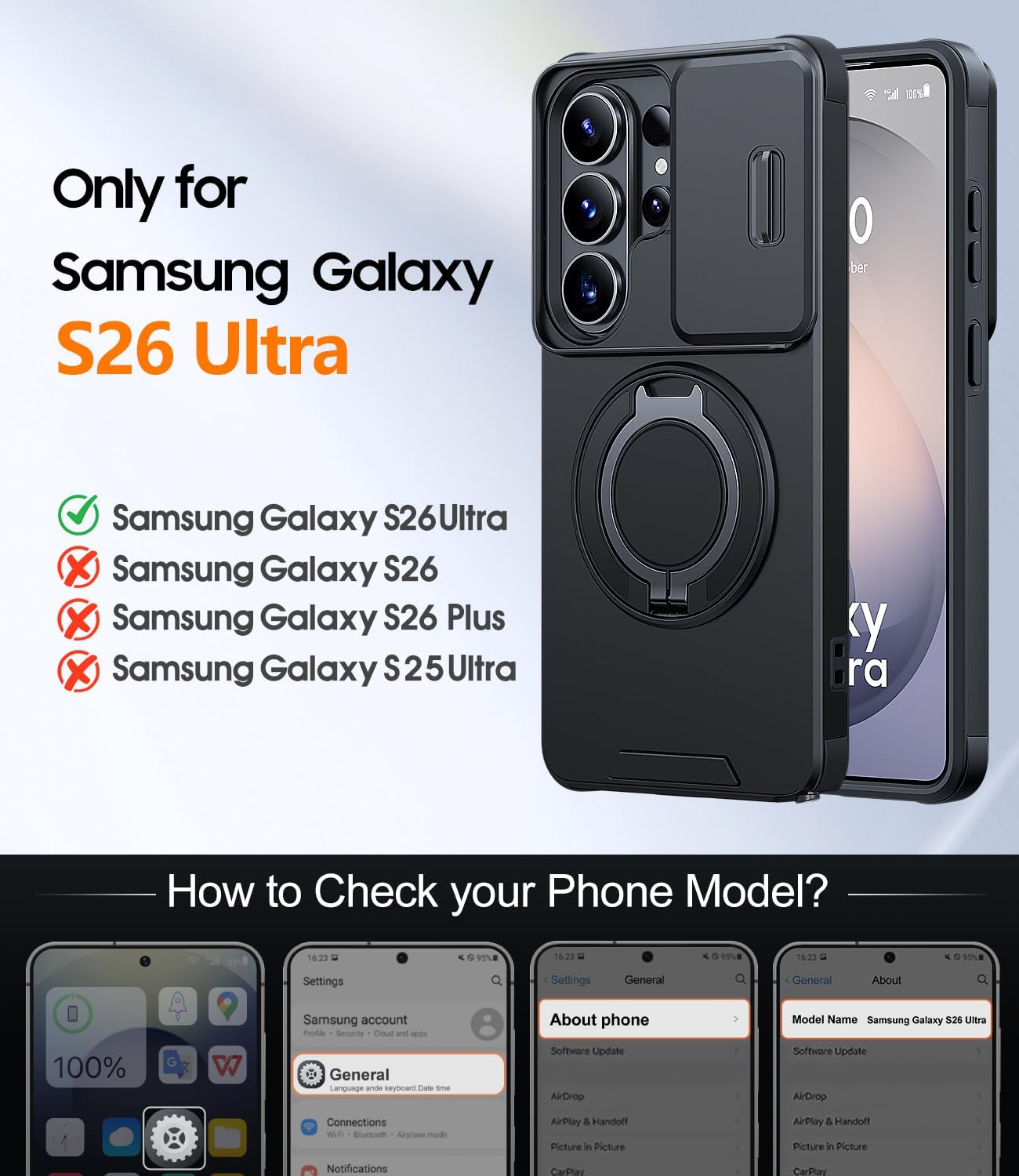 Thumbnail 1 de JAME for Samsung Galaxy S26 Ultra Case with 360° Ring Stand, Slide Camera Cover & Tempered Glass Protector (Black)