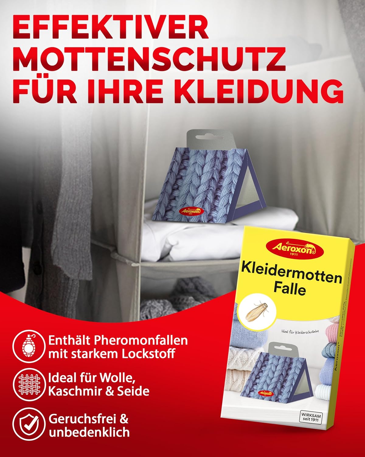 Detalle 2 de Aeroxon Mottenfalle Kleidermotten – 6er Set Pheromonfallen für Kleiderschrank