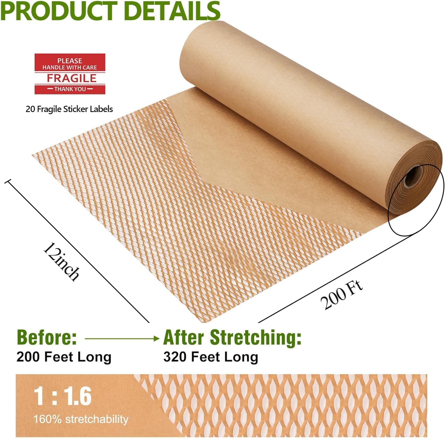 Detalle de Honeycomb Packing Paper, 30cm x 60m — Eco-friendly Kraft Paper with Honeycomb Cushioning and 20 Fragile Labels