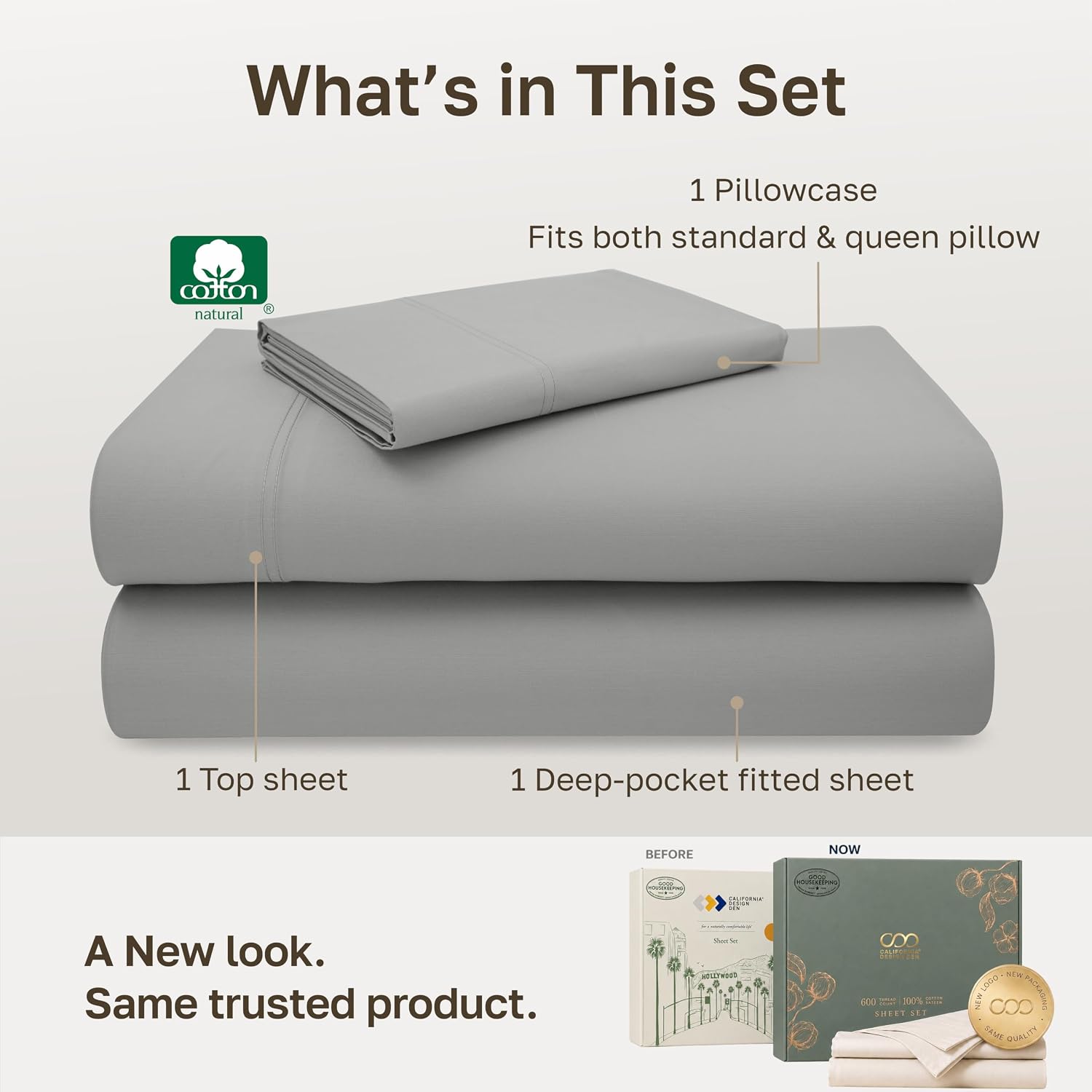 Detalle de California Design Den 840307136749 Twin XL Sateen Sheet Set, 600 Thread Count, Light Gray