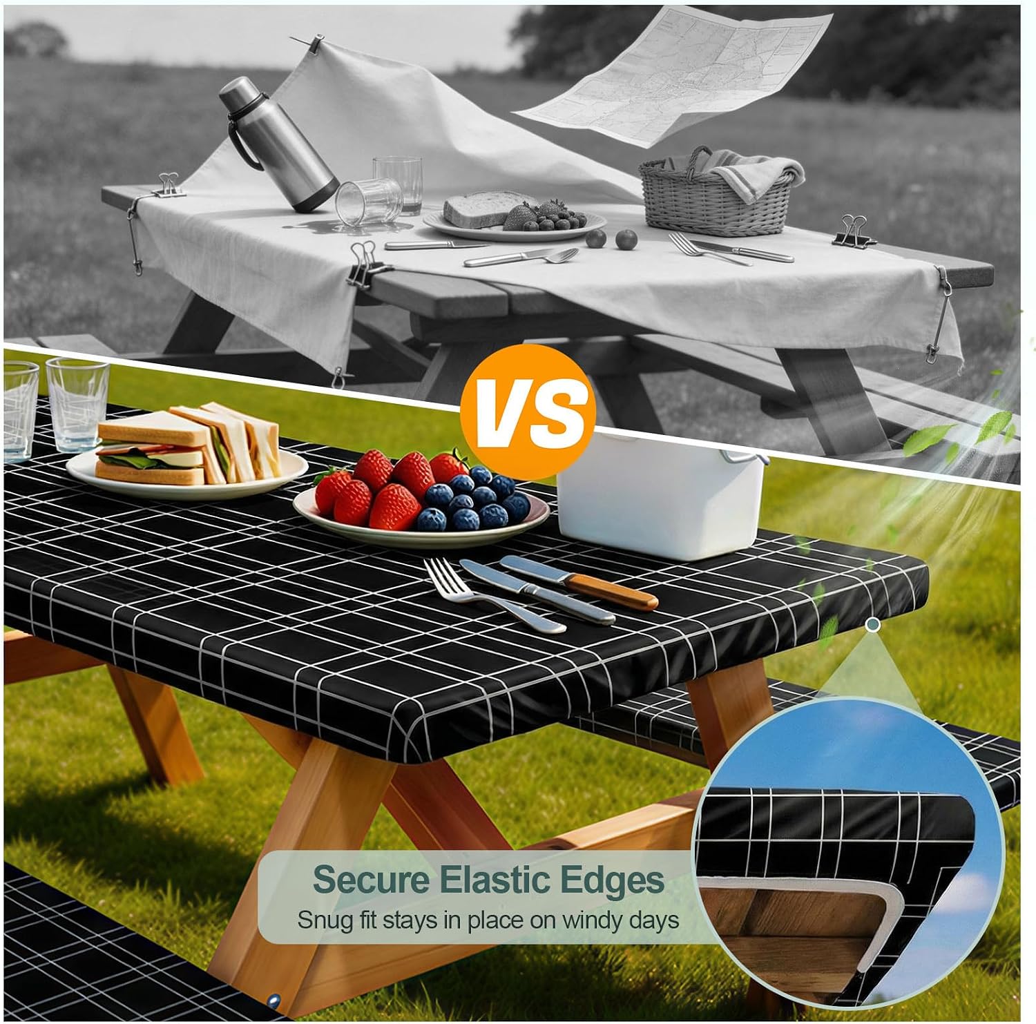 Thumbnail 2 de Picnic Table Cover with Bench Covers – Waterproof 72in Fitted Set for Standard 6-Ft Tables (Black Checkered)