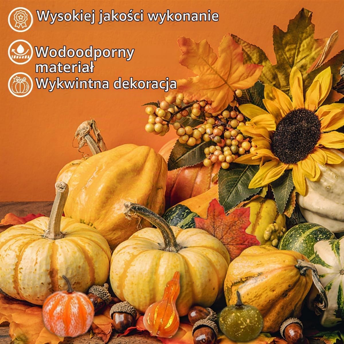 Detalle de QIMMU herbstdeko01 – zestaw jesiennych dekoracji z dyniami i liśćmi klonu