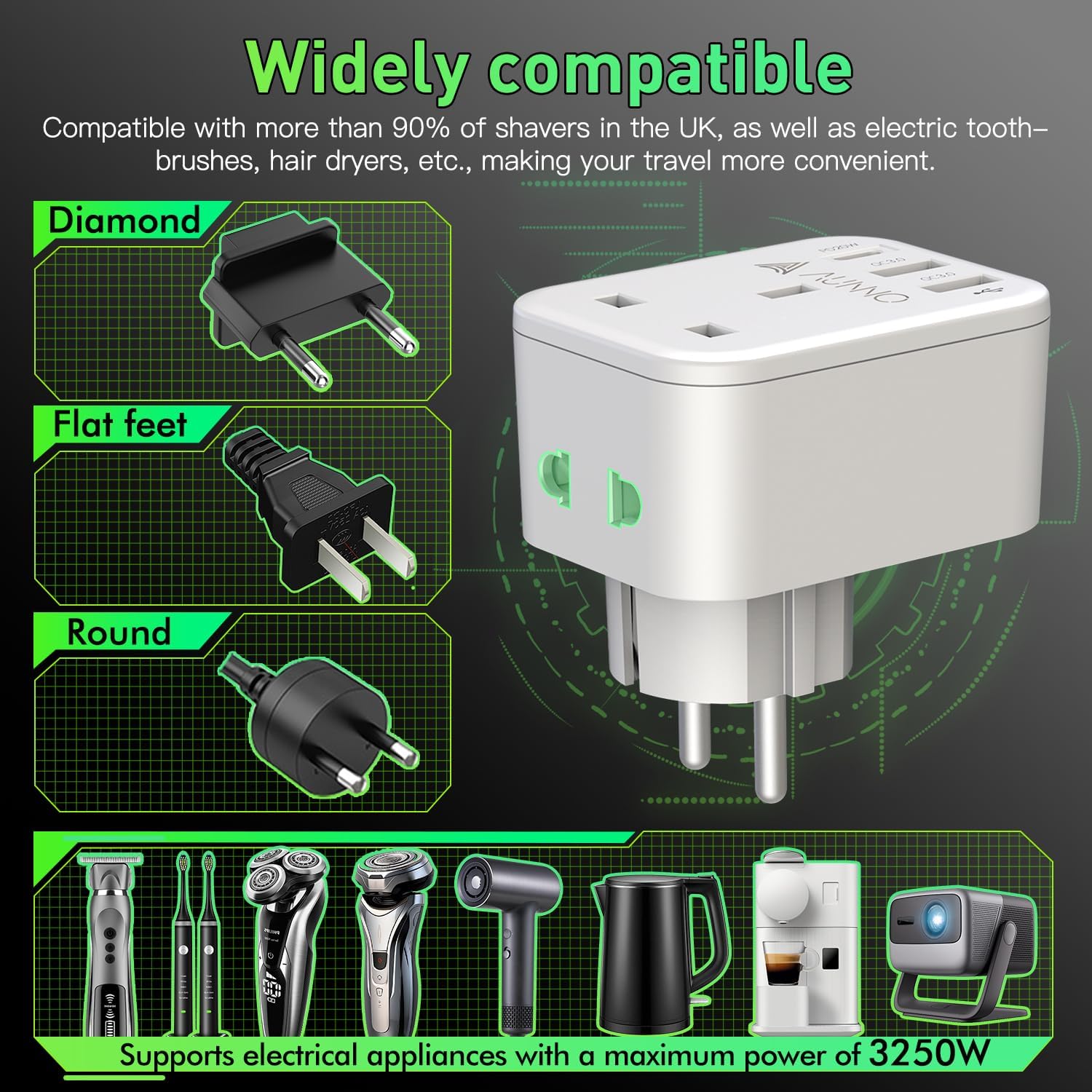 Detalle 2 de AUNNO UK to European Plug Adapter PD 20W, 2 USB ⚡