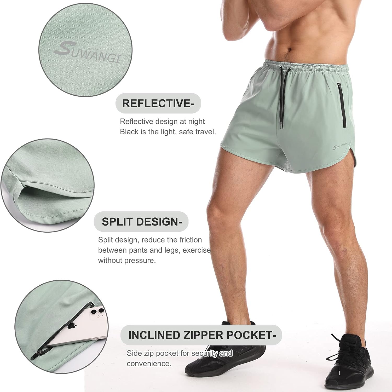 Detalle de Suwangi Uomo pantaloncini da running 2 in 1 con asciugatura rapida e tasca interna con zip