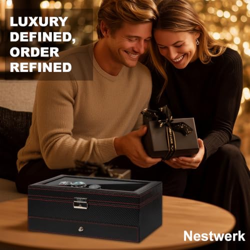 Thumbnail 6 de Nestwerk Men's Jewellery Box: 6-Slot Lockable Watch Case with 2-Tier Storage and Glass Display