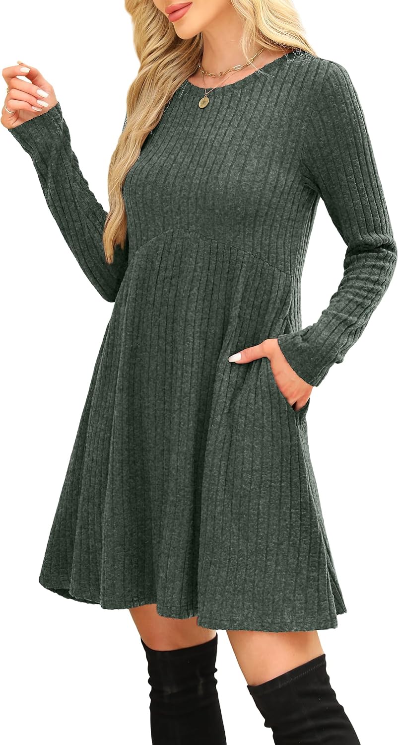 Detalle de OFEEFAN Long Sleeve Dress for Women, Empire Waist, Crew Neck, Pockets