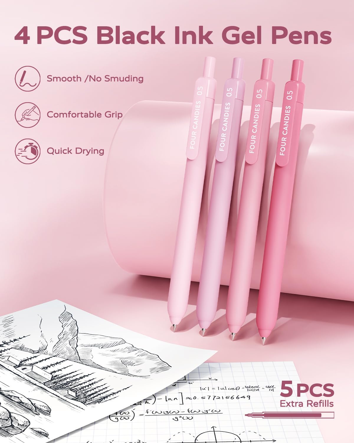 Thumbnail 1 de Four Candies Ästhetisches Schulmaterial – All-in-One Set mit Gelstiften, Korrekturbändern, Textmarkern, Druckbleistiften & Haftnotizen (inkl. Etui) in Rosa
