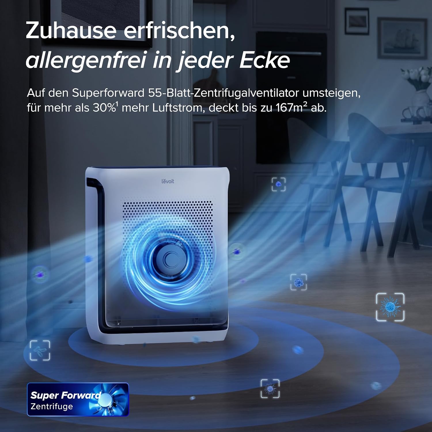 Detalle 2 de Levoit Luftreiniger Allergiker mit Tiermodus – bis zu 87 m², HEPA 99,97%, VeSync App, Alexa/Google Assistant